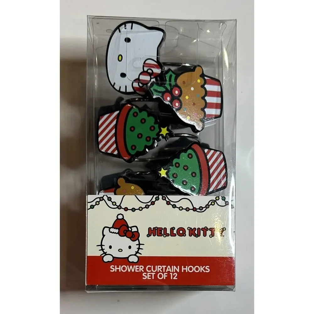 New Hello Kitty Holly Berry Christmas Wreath Shower Curtain 70X72, Curtain Hooks